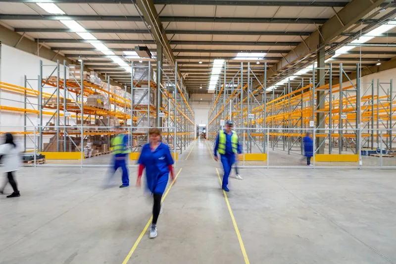 Medewerkers lopen door een magazijn